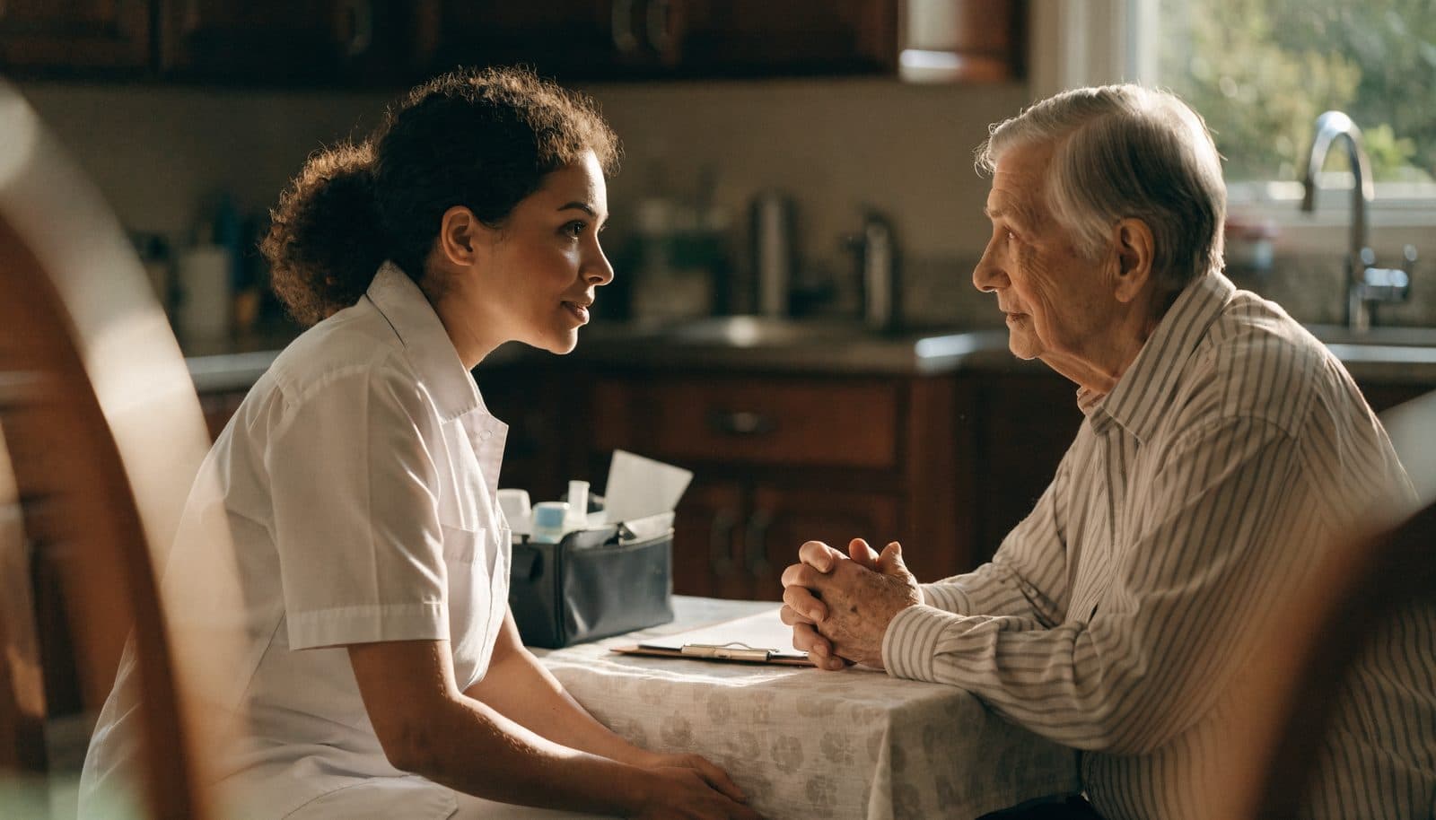 A home health nurse meeting with an older patient at their kitchen table